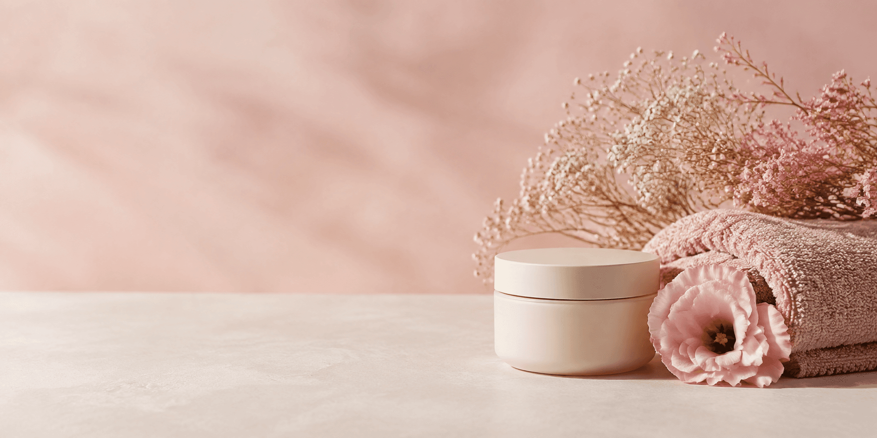 Productos y flores sobre una superficie cálida
